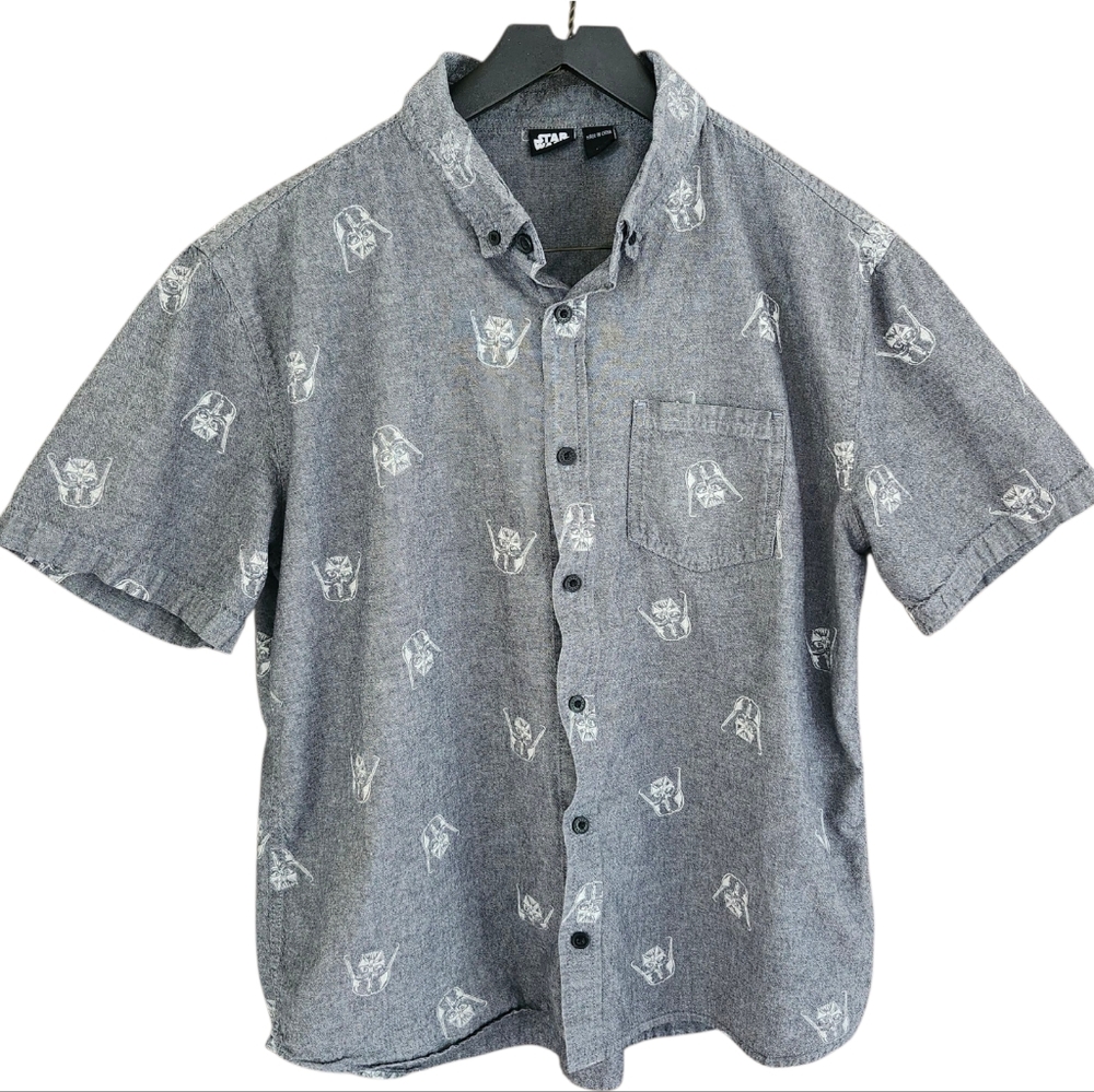 Star Wars Darth Vader Men's L Short‎ Sleeve Button Down Shirt Gray 100% Cotton